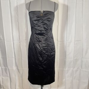 Nicole Miller Collection Black Cocktail Dress Rouching Thin Strap Satin Size 10